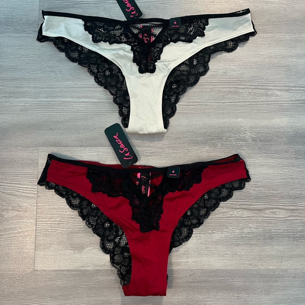 NWT La Senza Lace-Trim Panties - White & Red with Black Lace size Medium